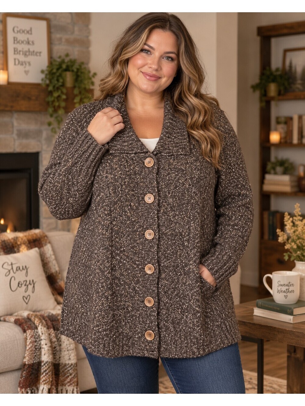 L.L.Bean Cozy Brown Wool Blend Cardigan Sweater 2X Button-Up